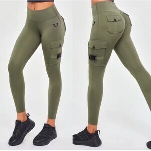 Firmabs Women Olive Green Cargo Tactical Leggings Scrunch Butt Buckle Small S
